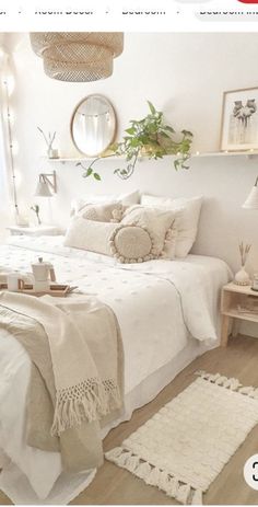 a bedroom with white furniture and decor on the walls is featured in an article about bedding