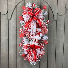 a red and white christmas wreath with candy canes, snowflakes and candies