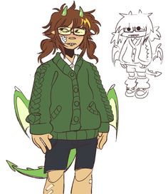 a drawing of a girl with glasses and a green sweater, standing in front of a white background