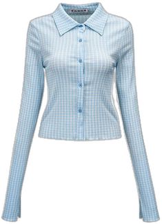 Blue Slim Fit Summer Tops, Blue Slim Fit Tops For Summer, Light Blue Slim Fit Collared Top, Blue Stretch Tops With Button Closure, Light Blue Button-up Top For Fall, Blue Fitted Long Sleeve Shirt, Light Blue Fitted Long Sleeve Shirt, Fitted Light Blue Long Sleeve Shirt, Slim Fit Long Sleeve Light Blue Top