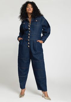 Gold Hardware Denim Jumpsuit - Relaxed Fit, Dark Wash Denim Set, Plus Size Denim, Swimsuits For All, Denim Jumpsuit, Gold Dress, Shirt Collar, Denim Dress, Workout Shirts, Gold Hardware