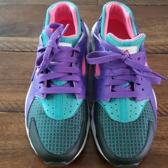 Huarache,Youth Size 5.5y Aqua,Pink And Purple Color.Bought Them At Kids Foot Locker.No Box. Huarache Run, Nike Green, Kids Nike, Nike Huarache, Pink And Purple, Green And Purple, Purple Color, Kids Shoes, Nike Shoes