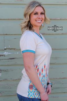 Get ready to fall in love with our Tupelo Tee! Featuring a cute aztec print and a comfortable v-neck, this tee is not only stylish but also true to size. Perfect for any occasion, you'll want to wear it every day. Don't miss out on this must-have wardrobe staple! 95% Polyester & 5% Spandex Sizing chart is in the Pictures Fly Outfit, Wild Rag, Aztec Print, Wholesale Clothing, Sizing Chart, Wear It, Trinidad And Tobago, Get Ready, Western Fashion