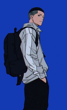 a man with a backpack standing in front of a blue background