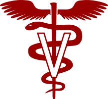 a red cadus symbol with two snakes on it's side and the letter v in the middle