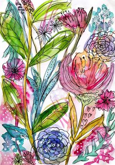 watercolor flowers and leaves on a white paper with pink, blue, green and purple colors