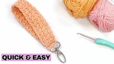 two balls of yarn and a crochet hook with the words quick & easy on it