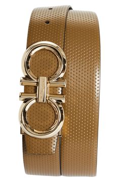 Diamond-motif perforations enhance the rich look of this calfskin-leather belt centered by a gleaming double-Gancio buckle. 1 1/2" belt width; 3" x 1 1/2" buckle Leather Made in Italy Designer Formal Belt Buckles With Metal Logo, Modern Leather Belts With Gold-tone Hardware, Modern Gold Leather Belt Buckles, Designer Formal Belt With Metal Logo, Designer Formal Belts With Metal Logo, Luxury Leather Belt Buckle With Metal Logo, Luxury Belt Buckles With Metal Logo, Luxury Leather Belt With Metal Logo, Designer Leather Belt Buckles With Metal Logo