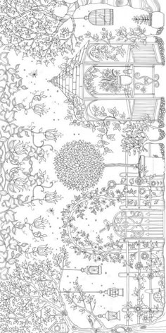 a drawing of a garden with lots of trees and flowers on the side of it