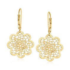 Ross-Simons - Italian 14kt Yellow Gold Floral Lace Flower Drop Earrings. From Italy, these charming flower earrings are a lovely option to mix into your day-to-day accessories. Artfully crafted in satin and polished 14kt yellow gold, the pretty drops feature floral lace from end to end. It's a great, affordable pair to add an air of elegance to your casual outfits. Hanging length is 1 1/4". Leverback, 14kt yellow gold floral lace flower drop earrings. Fine Jewelry Yellow Gold Flower Earrings, Yellow Gold Flower Earrings In 14k, Yellow Gold Flower Charm Earrings, Yellow Gold Flower Jewelry With Matching Earrings, 14k Gold Flower-shaped Earrings, 14k Gold Flower Earrings Jewelry, 14k Gold Flower-shaped Matching Earrings, 14k Gold Flower Earrings With Matching Set, Formal Yellow Gold Flower Earrings