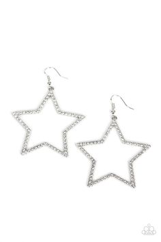 Sparkly white rhinestones adorn the front of an oversized silver star silhouette, sparking into a stellar centerpiece. Earring attaches to a standard fishhook fitting. Sold as one pair of earrings. Silver Star Accessories, Silver Sparkly Earrings, Silver Sparkly Jewelry, Silver Star Jewelry, Fashion Paparazzi, Sparkly Clothes, Concert Accessories, Sparkle Accessories, Star Items