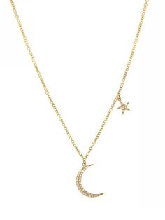 Pave Diamond Moon & Star Chain Necklace 14K Yellow Gold 0.11 Carats of Diamond 16-18" Length Moon Charm: 0.5" Length X 0.09" Width Star Charm: 0.21" Diameter Yellow Gold Moon Necklaces With Star Charm, Xo Necklace, Moon Star Necklace, Triple Layer Necklace, Charm Choker Necklace, White Gold Studs, Bar Pendant Necklace, Star Chain, Druzy Earrings