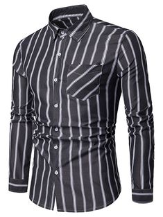 Chest Pocket Stripe Print Button Up Shirt - Black - 4U04345412 - Men's Clothing, Men's Tops & T-Shirts, Men's Shirts  #MensShirts #Men's #Clothing # #Men's #Tops #& #TShirts # #Men's #Shirts Casual Striped Slim Fit Shirt, Black Slim Fit Tops With Buttons, Black Slim Fit Tops With Pockets, Black Summer Business Top, Black Summer Tops For Business, Black Shirt With Button Closure And Casual Collar, Casual Gray Shirt For Business, Black Business Shirt With Pockets, Black Slim Fit Shirt For Fall