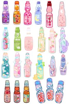 many different types of bottles are shown together