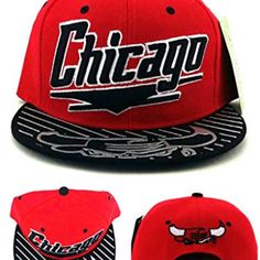 the chicago bulls hat is red and black with white lettering on it, along with two matching caps