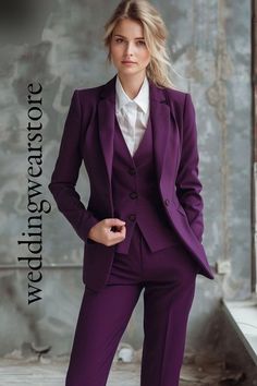 This is a Classic 3 Piece Suit by wedding wear   store crafted from high quality fabric and imported materials. Our products are handcrafted by experienced tailors who make sure the that the stitching is precise, lining is proper and the overall product is sturdy enough to not go out of shape for more than a few years. Also all our products have extra margins in their length, sleeves, sides so it's easily alterable if your size changes after some time. To see more available colours and designs i Purple Formal Suit Women, Dark Purple Wedding Suit, Women 3 Piece Suit, Wedding Suit Women Tomboys, Purple Suit For Women, Female Wedding Suit, Masculine Female, Fantasy Masquerade, 3 Piece Suit Women