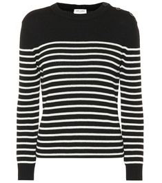 Take casual looks in a classic direction with this timeless striped sweater from Saint Laurent. Made in Italy from a cotton and wool knit, the design is finished with nautical flair with button details skirting over one shoulder. Chanel Resort, Camel Sweaters, Blue Striped Shirt, Vogue Uk, High Neck Sweater, Wool Turtleneck, Nautical Fashion