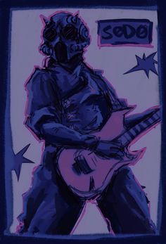 a drawing of a man with a guitar in his hand and wearing a gas mask