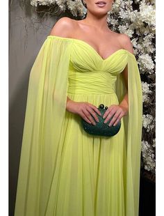 A-Line Evening Gown Elegant Dress Formal Wedding Party Sweep / Brush Train Sleeveless Off Shoulder Capes Chiffon with Pleats Formal Wedding Party, Gown Elegant, Dresses Formal Elegant, Evening Gowns Elegant, Evening Dresses Cocktail, Guest Dress, Dress Formal, Homecoming Dress, Dress Party