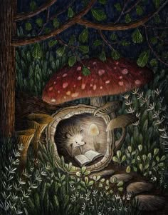 a drawing of a hedge reading a book in the forest under a mushroom - like tree