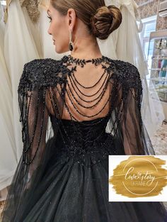 Bride Dress Long, Beaded Corset, Black Wedding Gowns, Wedding Tulle, Tulle Cape, Cape Wedding Dress, Black Evening Gown, Alternative Bride, Dark Wedding