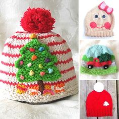 there are four knitted hats with different designs on them and one has a tree