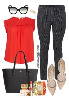 Plus Size Work Outfits - Black & White Pants - Alexa Webb Red Top Outfit Work, How To Style Flats For Work, Normal Style, Work Coveralls, Black And White Pants, Nude Flats