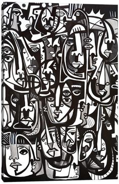 a black and white painting with many faces