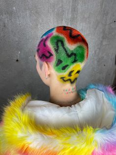 Bald Hair Designs For Women, Colourful Buzzcut, Colored Shaved Head, Bald Head Designs, Rainbow Buzzcut, Buzzcut Pattern, Buzzed Hair Dye Designs, Buzzcut Art, Buzz Cut Dyed