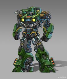 a green and blue robot with yellow lights on it's head, standing in front of