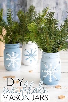 three mason jars decorated with snowflakes and pine branches are sitting on a table