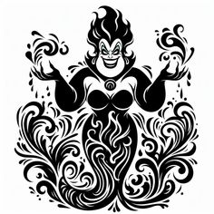 a black and white drawing of an evil woman