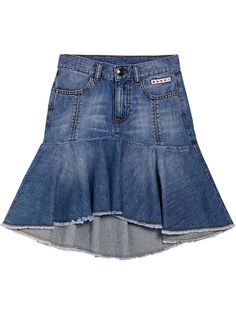 Back elastic waistband. Front button and concealed zip closure. Belt loops. Front logo patch detail. Ruffled raw cut hem. Longer back panel. Stonewashed coloring may vary. Two front pockets Mini Skirt Denim, Skirt Denim, Light Denim, Patch Logo, Denim Skirt, Mini Skirt, Girl Outfits, Mini Skirts, Elastic