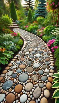 a stone path in the middle of a garden