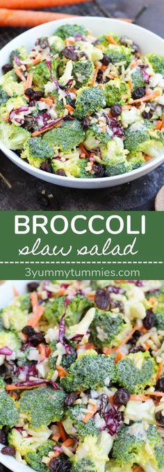 broccoli salad with carrots and cranberries in a white bowl