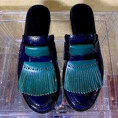 Gorgeous Shoes In Mint Condition. Worn Once. Chic Blue Loafers For Workwear, Designer Blue Loafers For Work, Chic Blue Loafers For Work, Blue Brogue Loafers For Office, Designer Blue Loafers For Galas, Designer Blue Loafers With Round Toe, Chic Blue Pointed Toe Loafers, Chic Blue Flat Loafers, Luxury Blue Tassel Loafers With Rubber Sole