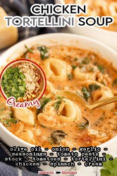 chicken tortellini soup in a white bowl