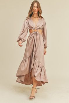 Satin long sleeve cut out maxi dress with high low hem. NOTE: If your size is not available, please register your email in EMAIL ME WHEN AVAILABLE link. Cut Out Maxi Dress, High Low Maxi Dress, Satin Long Sleeve, High Low Hem, Me When, High Low, Not Available, Wrap Dress, Cold Shoulder Dress