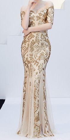 Elegant Gold Evening Dress For Gala, Gold Off-shoulder Dress For Prom Season, Gold Off-shoulder Dress For Prom, Gold Off-shoulder Prom Dress, Chic Gold Maxi Length Evening Dress, Gold Long Sleeve Elegant Evening Dress, Elegant Gold Evening Dress For Party Season, Gold Maxi Dress For Gala, Elegant Gold Long Sleeve Evening Dress