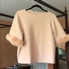 Brand New Baby Pink Blouse From Zara With Fur Trim On The Sleeves. Has Never Been Worn & Tag Is Still Attached! Chic Short Sleeve Peach Blouse, Chic Peach Short Sleeve Top, Feminine Zara Stretch Tops, Zara Feminine Short Sleeve Tops, Baby Pink Blouse, Zara Top, Pink Blouse, Zara Tops, Fur Trim