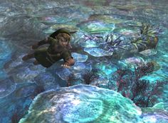 an animated image of a man swimming in the ocean with corals and plants around him