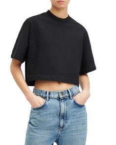 Allsaints Lottie Cropped Tee Allsaints Black Cotton Tops, Allsaints Black Short Sleeve Top, Black Cotton Tops By Allsaints, Allsaints Relaxed Fit Spring Tops, Allsaints Relaxed Fit Tops For Spring, Cropped Tee, All Saints, Crop Tee, Black Tee