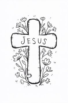 a cross with flowers around it and the word jesus written in black ink on a white background