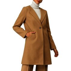 A classic trench coat is the season's must-have cover up. Vintage trench details are softened by a lapel design and one button closure. Clean lines and an elongated silhouette make it more modern than ever. Model measurement: Height 5'8", Chest 32 5/8 inches, Waist 26 inches, Hip 34 5/8 inches, Weight 120 lbs, Model is wearing in size S. Size----Chest Girth----Waist Girth-----Shoulder Width(in inches) XS------------33-----------------25--------------------14 3/4 S--------------35-----------------27--------------------15 1/4 M-------------37-----------------29--------------------15 3/4 L--------------40-----------------32--------------------16 3/8 XL------------43-----------------35--------------------17 More Styles, More Choices, CLICK HERE. Color: Brown.  Gender: female.  Age Group: adult Classic Wool Coat For Workwear In Solid Color, Classic Solid Color Pea Coat For Work, Single-breasted Outerwear With Notched Collar For Career, Solid Color Wool Coat With Lapel Collar For Work, Notched Outerwear For Career In Fall, Classic Pea Coat With Lapel Collar In Solid Color, Single Button Collared Outerwear For Fall, Beige Notch Lapel Outerwear With Single Button, Classic Pea Coat With Lapel Collar