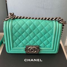 Chanel Boy Bag With Ruthenium Hardware, Can Be Work As A Cross Body. Old Medium Size. 100% Authentic. All Wear As Seen. If You Need More Pictures Please Message Me! Chanel Boy Bag, Medium Size, Chanel Bag, Blue Green, Bag Lady, Chanel, Turquoise, Blue, How To Wear