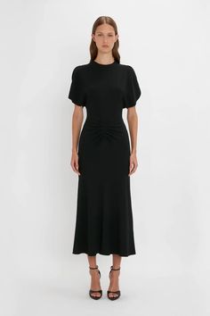 Designer Dresses Elegant, Victoria Beckham Outfits, Victoria Beckham Dress, Victoria Beckham Style, Elegant Midi Dresses, Tulip Sleeve, V Neck Midi Dress, Victoria Dress, Tailored Dress