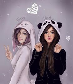 two girls dressed in panda costumes standing next to each other with peace signs and hearts above them