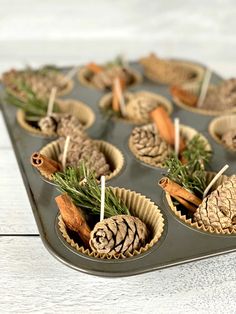 cupcake tins with pine cones and cinnamon sticks in them on a baking tray