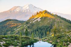 a mountain with a lake in the foreground and some trees on the other side