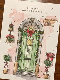 a christmas card with an image of a green door and red bow on it's front